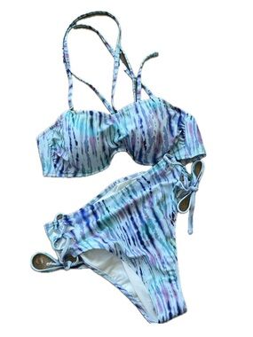 Shade & Shore Blue AGB85 Watercolor Stripe Bikini Set NWT 34C Top M Bottoms